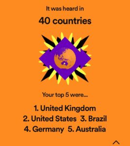 A screenshot from my 2022 Spotify for Artists Wrapped about where in the world my music has been streamed